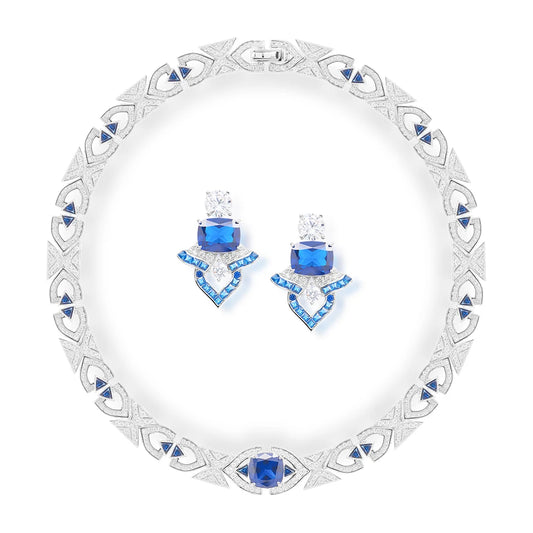 Deep Sea Luxury Cornflower Blue Zircon Brass Necklace Earrings 2-piece Set Sexy Women's Banquet Jewelry Indian Accessories