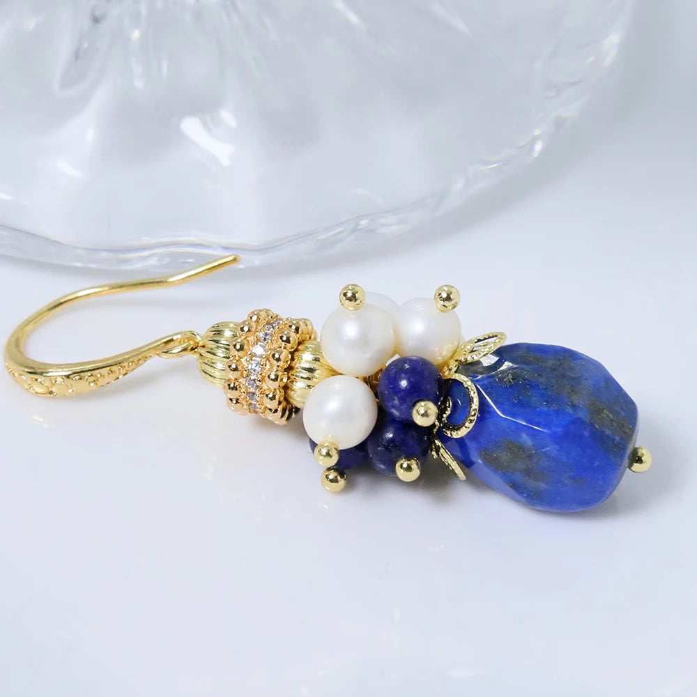 Natural Freshwater Pearl Lapis Lazuli Flower Earrings Korean Style Women Luxury Jewelry Fashion Ladies and Girls Gift GE1550