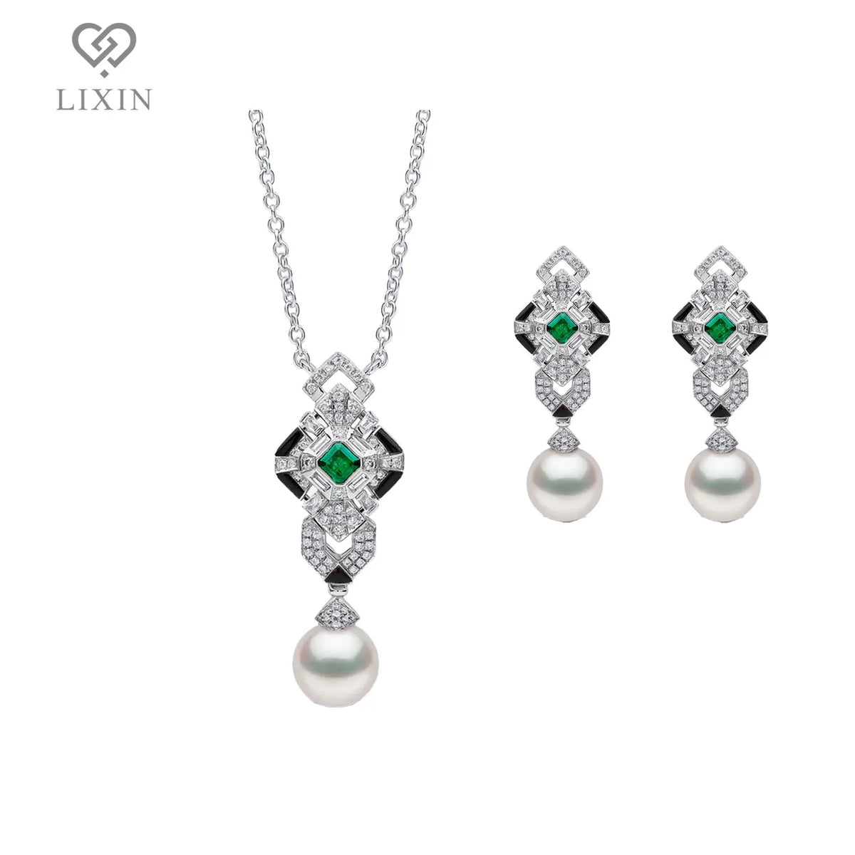 S925 Silver Freshwater Pearl & Zircon Earring Necklace Set Luxurious Geometric Lines Design Fine Jewelry for Gift