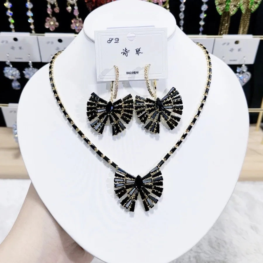 K091 Hot Selling Women Trendy Luxurious Geometric Black Zircon Bridal Necklace Earrings Set Wedding Elegant Jewelry Set