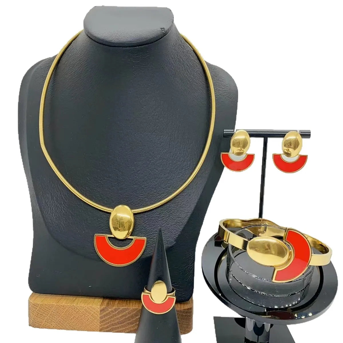 Pearl Choker & Enamel Oil Drop Earrings Jewellery Set | Half-Circle Stainless Steel Fashion Set
