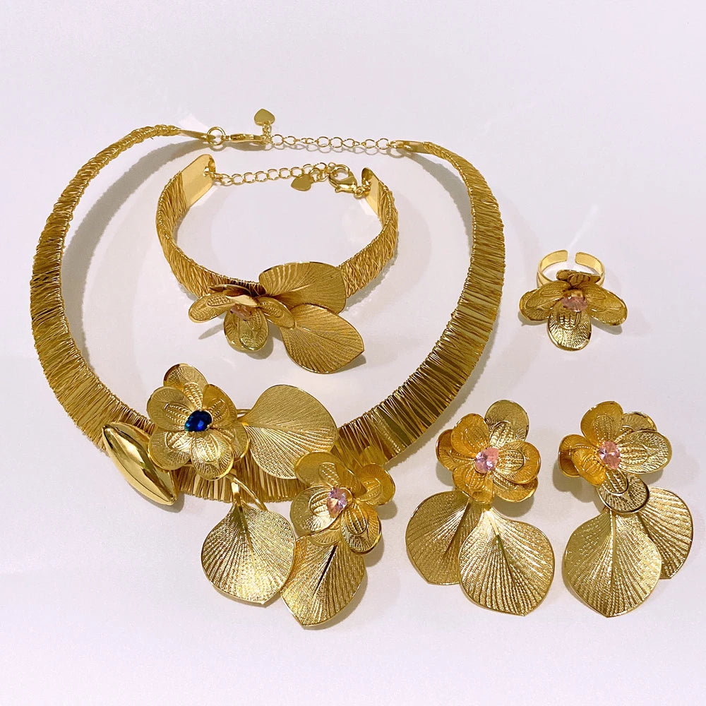 Brazilian Gold Flower Fashion Jewelry Set Italian Jewelry Set Nigerian Woman Wedding Necklace Bracelet Earrings Ring Jewelry