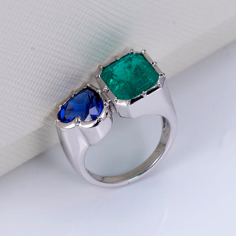 Messi Jewelry  MSR-1170 18K White Gold Lab Sapphire Lab Emerald Gemstone Custom Rings