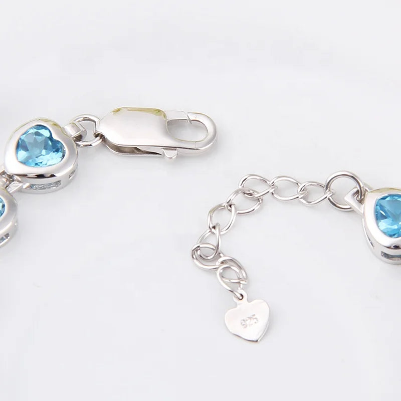 ArtistA Abiding Great Quality Natural Swiss Blue Topaz Chain Link Bangle 925 Sterling Silver Heart Shape Jewelry Bracelet for Women