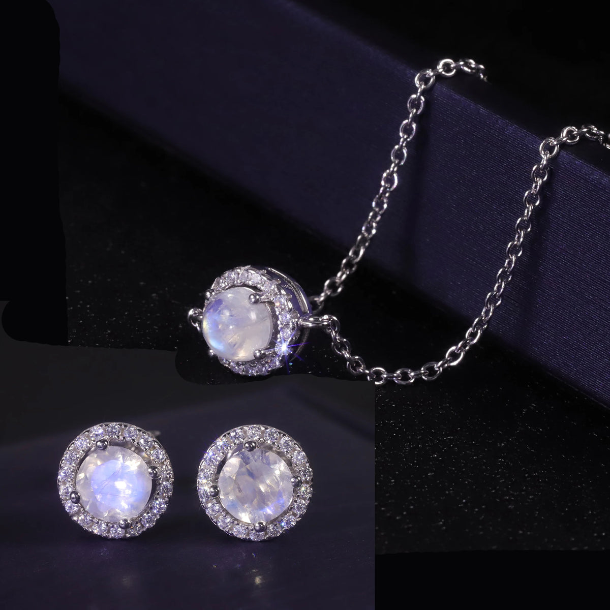 ArtistA Delicate Circle Halo Round 5MM Angled-cut Blue Moonstone Stud Earrings & Cabochon Moonstone Bracelet 925 Silver Jewelry Set