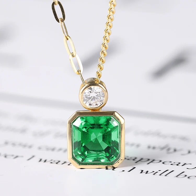 Gemfiori Trendy 3CT Square Shape Lab Grown Emerald Real Gold Chains Jewelry 18k Solid Gold Necklace