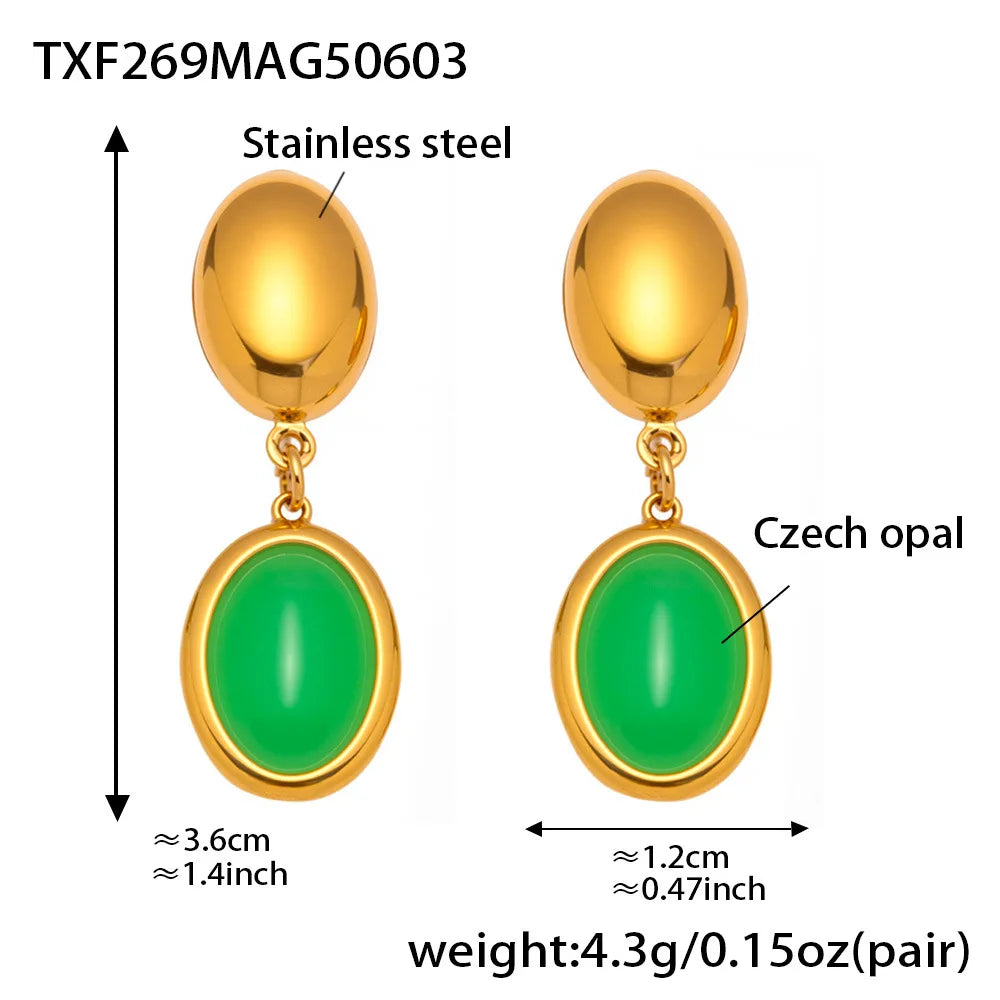 Natural Oval Opal Necklace, Bracelet & Earrings Jewellery Set | Bohemian Gold Plated Stainless Steel Set