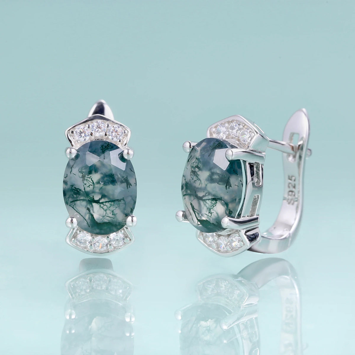 ArtistA Abiding Designer Rhodium Plating 925 Silver Earrings Studs Natural Green Moss Agate English Hook Earrings Best Gifts