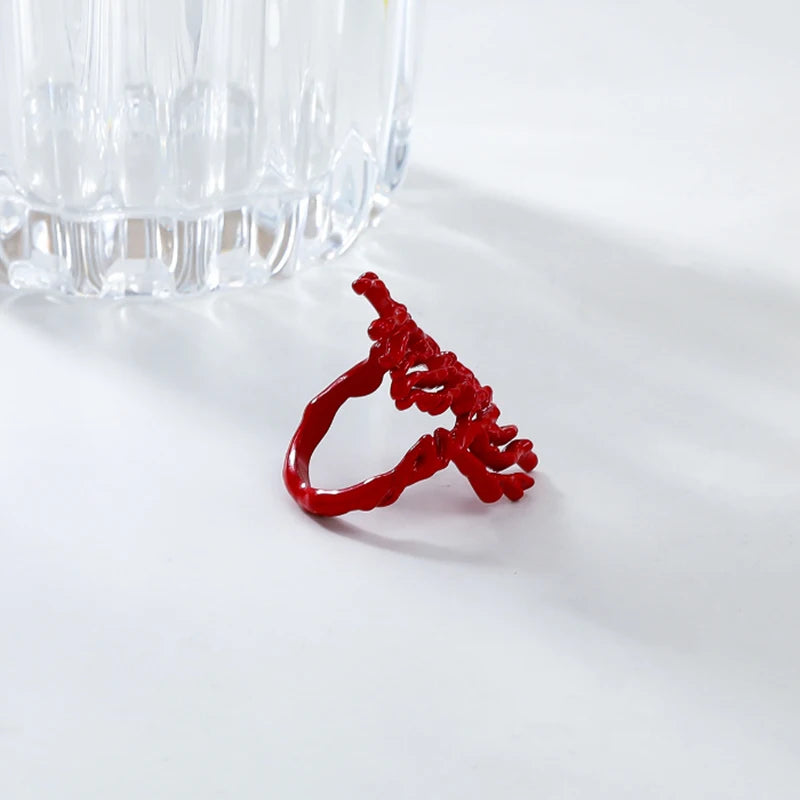 Red Coral Branch Alloy Jewelry Set, Adjustable Bangle & Ring, Bold Hip-hop Statement Pieces for Summer & Beach Parties