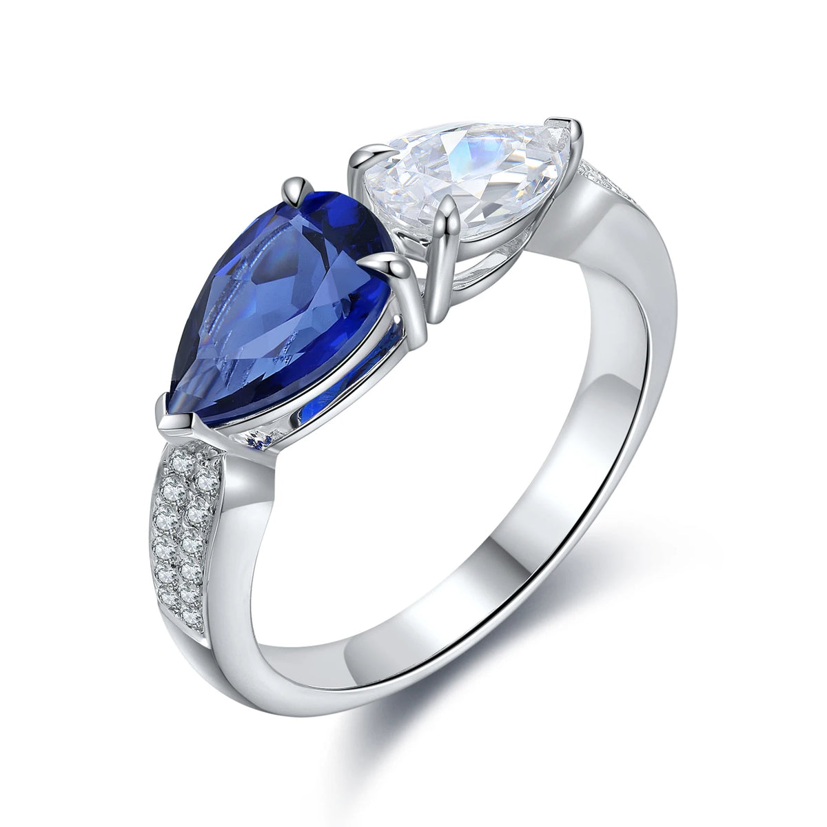 Gemfiori Fine Jewelry With Lab Created Sapphire Diamond Banding Classic Pear Design 925 Sterling Silver Women Rings