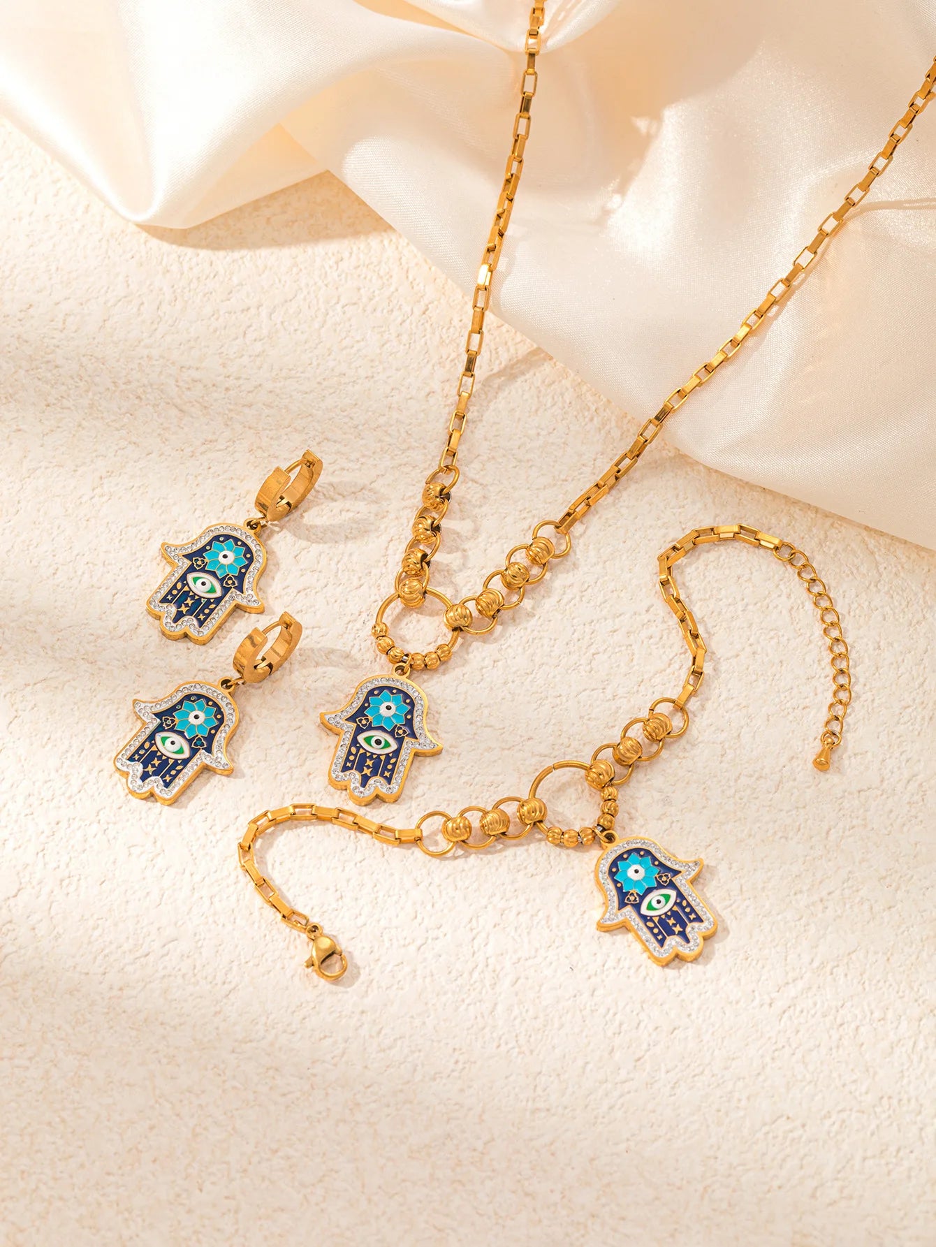 High Quality Fashion Stainless Steel Hand Necklace Earrings and Bracelet Set Women Exquisite Gold Jewelry Set