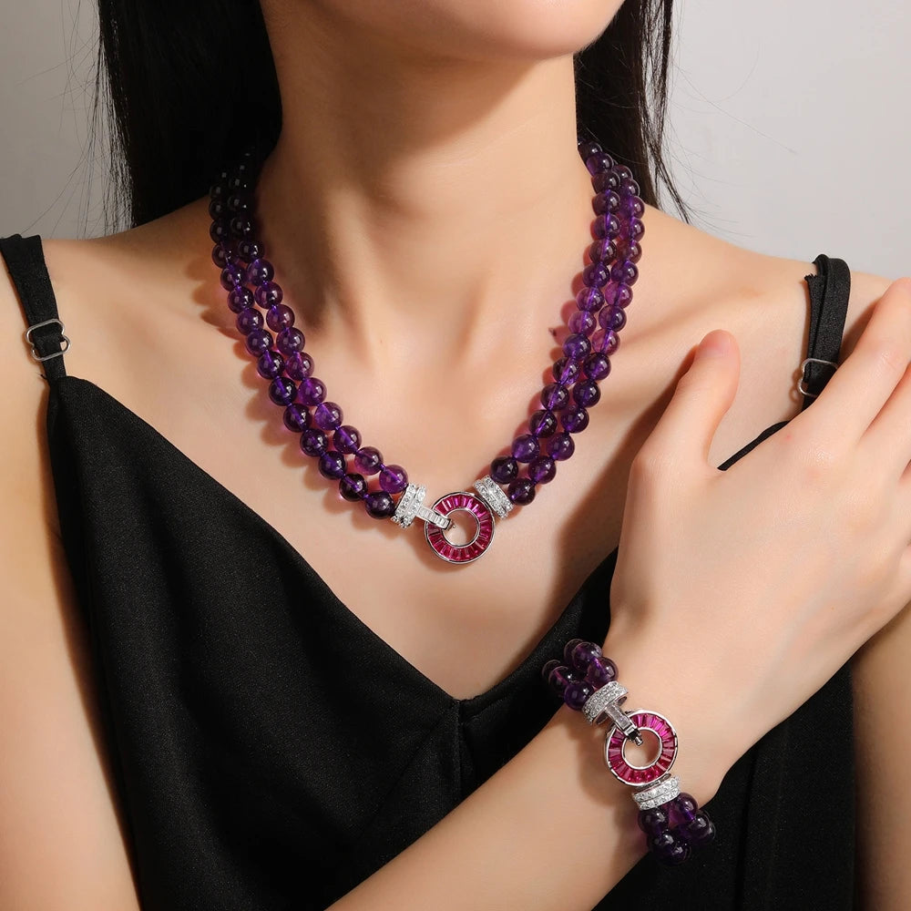 MUSHAN Jewelry Factory Natural Amethyst Necklace With High End Feel S925 Silver Gold Plated High Carbon Diamond 8mm Jewelry