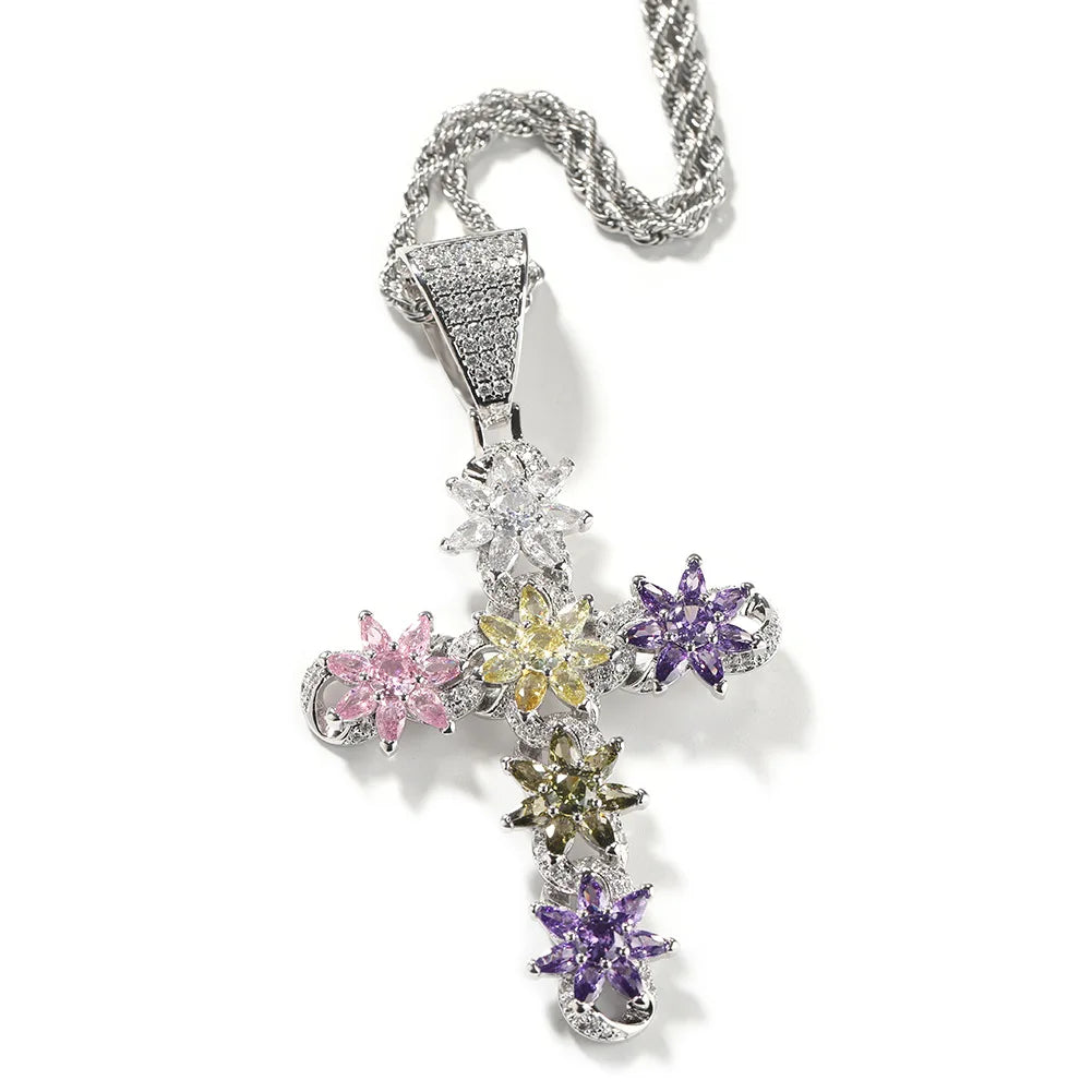 Luxury Multi-colored Zircon Large Cross Necklace 8.7cm Statement Cross Pendant Lariat Sweater Chain Hip-Hop Necklace