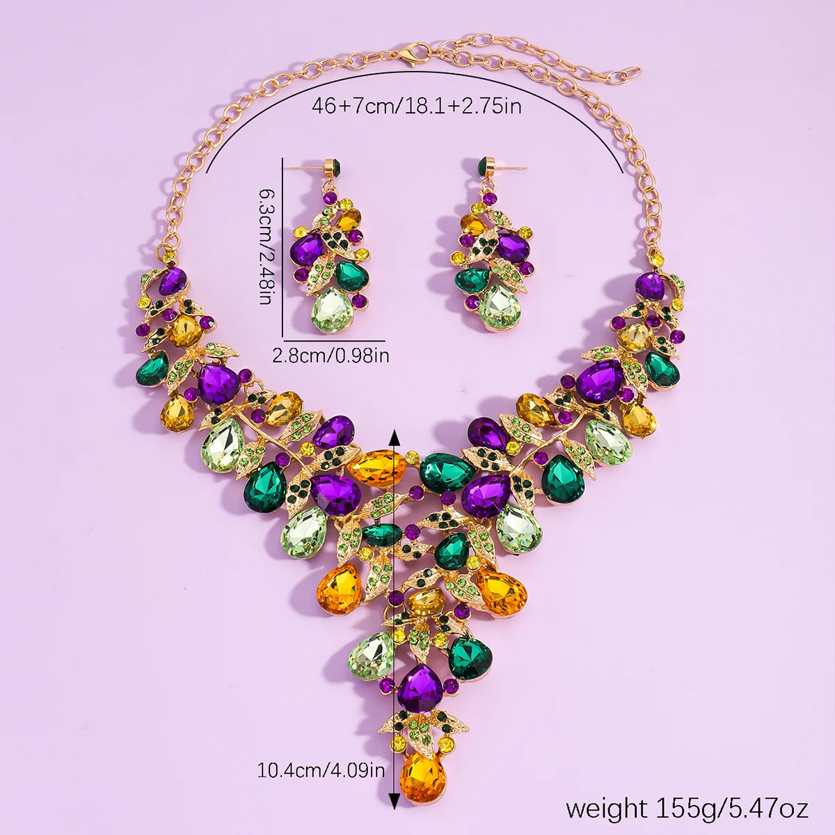 S&S Rhinestone Flower Necklace & Earring Set | Purple | Gold Plated