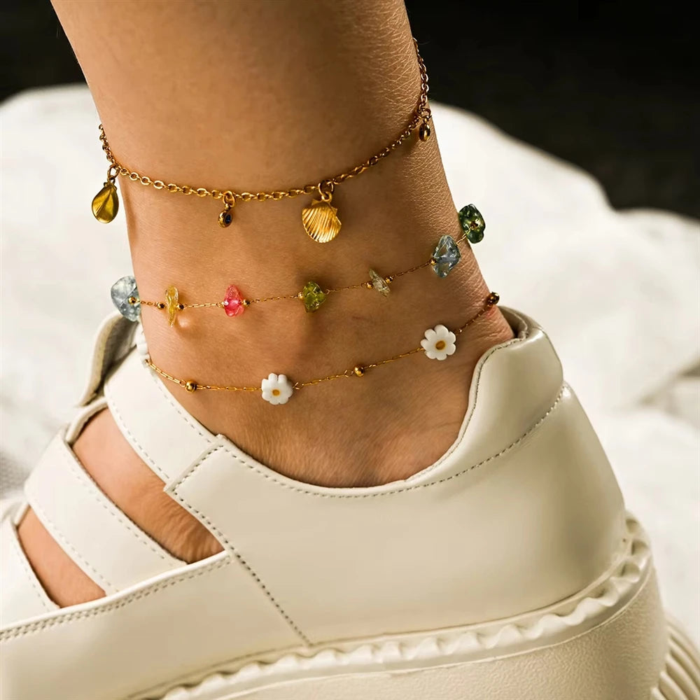 Fashion Beach Style Stainless Steel Ankle Chain Colorful Stones Anklets for Women