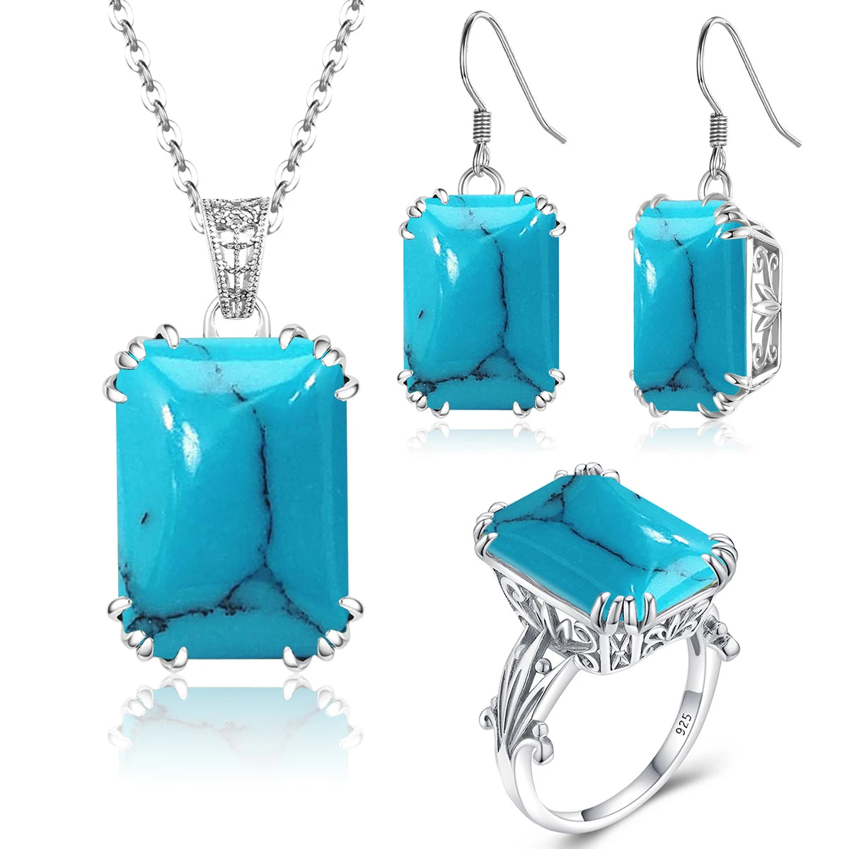 ArtistA Sapphire Blue Stone Zircon Crystal Sterling Silver Jewelry Sets for Women Retro Crown Ring Pendant Earring for Party Engagement