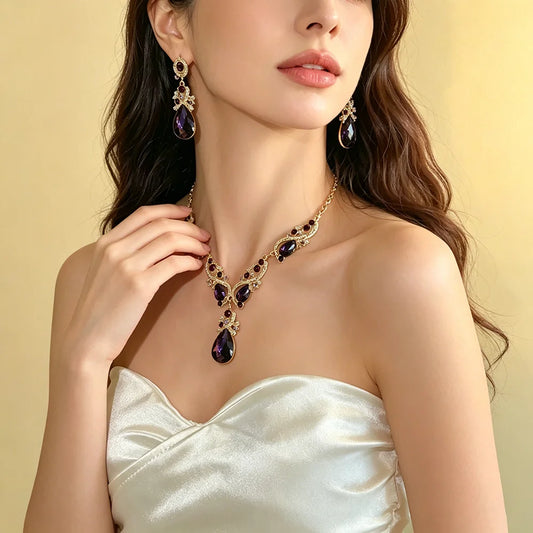 Luxury Princess-Cut Purple Zirconia Floral Teardrop Necklace & Drop Earrings Bridal Set — Gold Plated