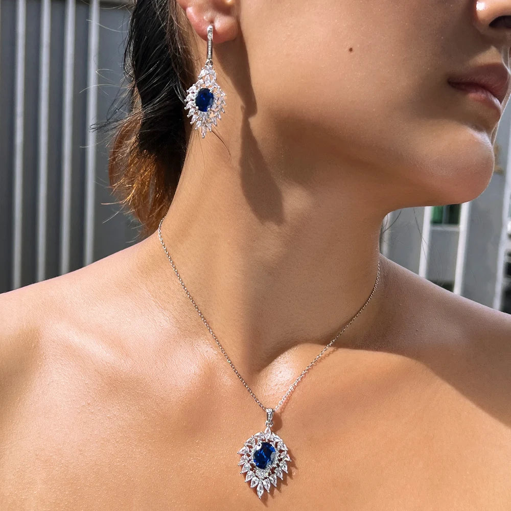 Fashion Royal Blue Cubic Zircon Elegant Necklace and Earrings Bridal Wedding Party Pendant Jewelry Set for Women Jewellery
