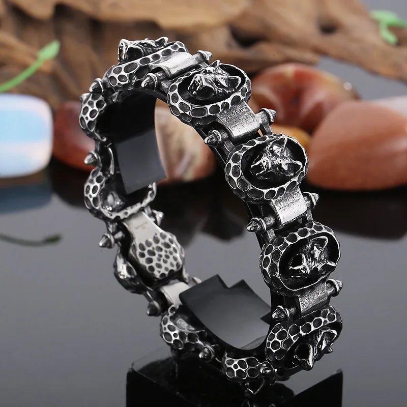 KALEN 230mm Punk Stainless Steel Wolf Head Charms Links Bracelet for Men
