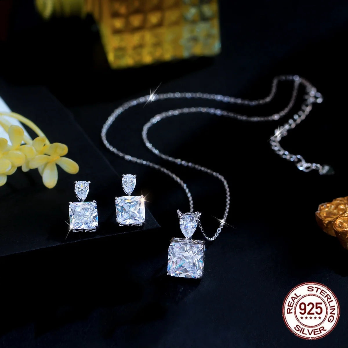 S925 Sterling Silver Sparkly 8A Ice-Flower Cut Cubic Zircon Pendant and Earrings Jewelry Set for Women Gift Daily Wear