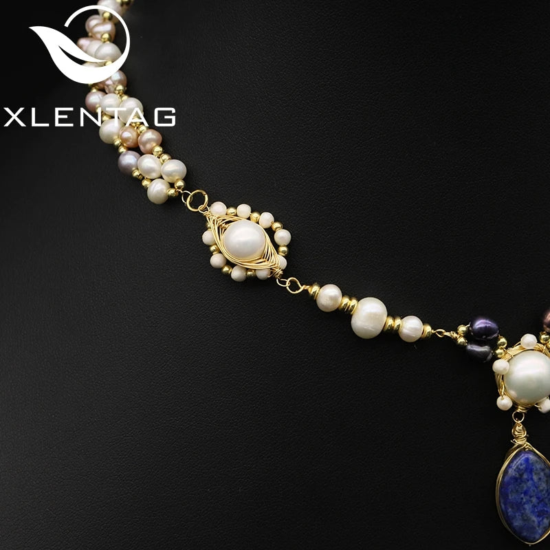 Natural Freshwater Pearl Lapis Lazuli Woven Handmade Pendant Necklace Colorful Multilayer Ball Chain Beaded Necklace Jewelry