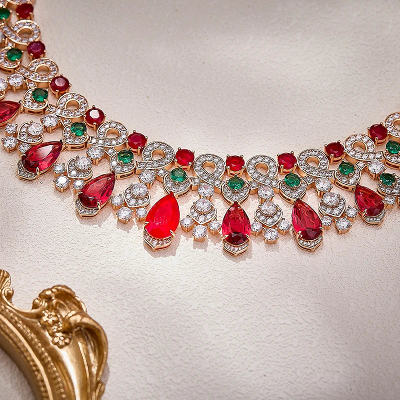 Luxury Palace Style Red and Green Gemstone Jewelry Set Rose Gold Necklace Earrings for Wholesale Bride Dinner Dress Accessories