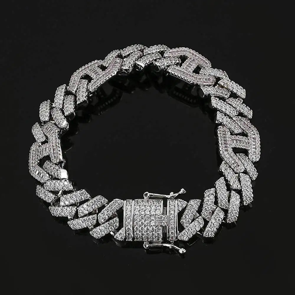 REBEL 15mm 9inch Mens Hip Hop Jewelry 18k Gold Plated Zirconia Iced Out Cuban Bracelet