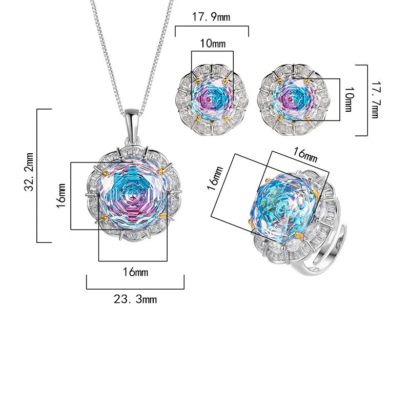Gemfiori New Women's Fashion Jewelry Necklace Ring Earstuds Copper Gold Plated Rose Cutting Sea Blue Temperament Light Luxury Set