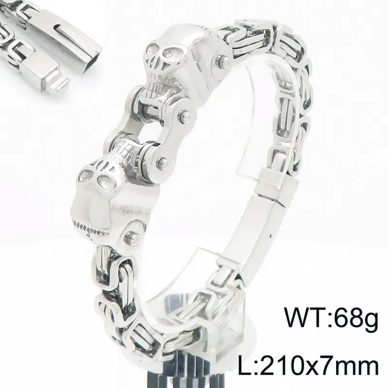 REBEL Punk Fine Jewelry Fashion Bracelets Stainless Steel Skull Byzantine Links Bracelet
