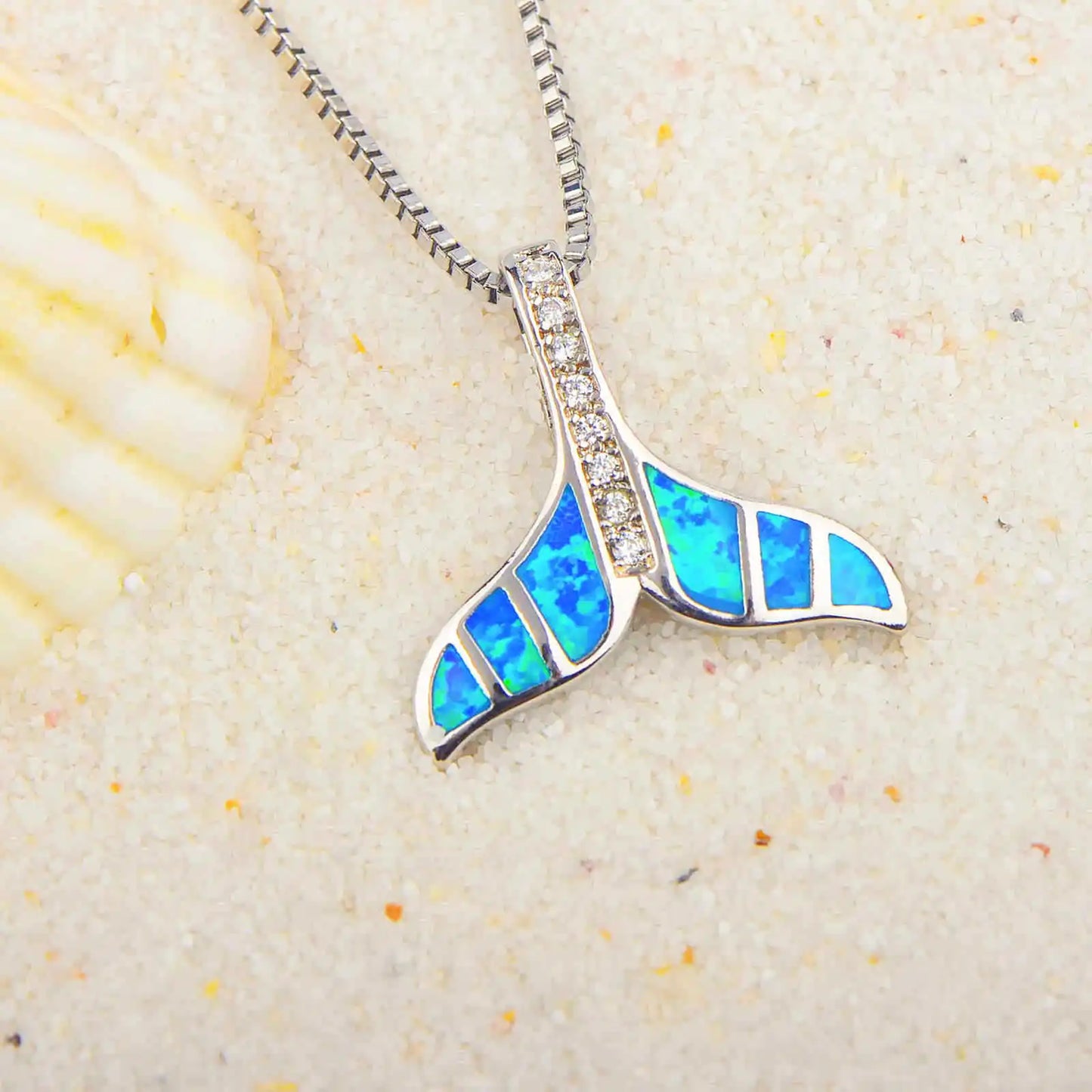 Copper Silver Plated Trendy Christian Hawaiian Animal Blue Opal Whale Tail Fish Tail Pendant Box Chain Anniversary Necklace