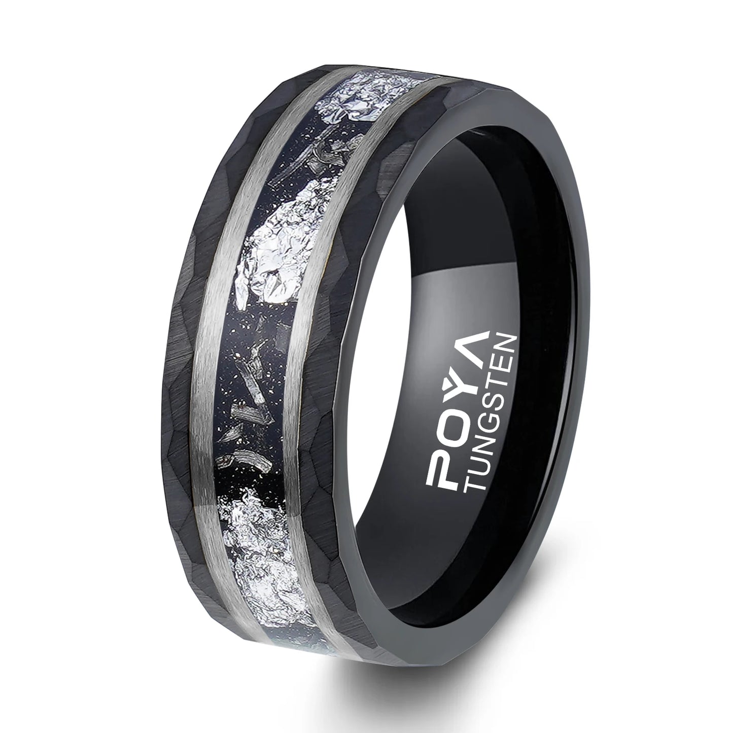 POYA Meteorite Gold Leaf Wedding Band 8mm Hammered Mens Black Unique Tungsten Engagement Rings