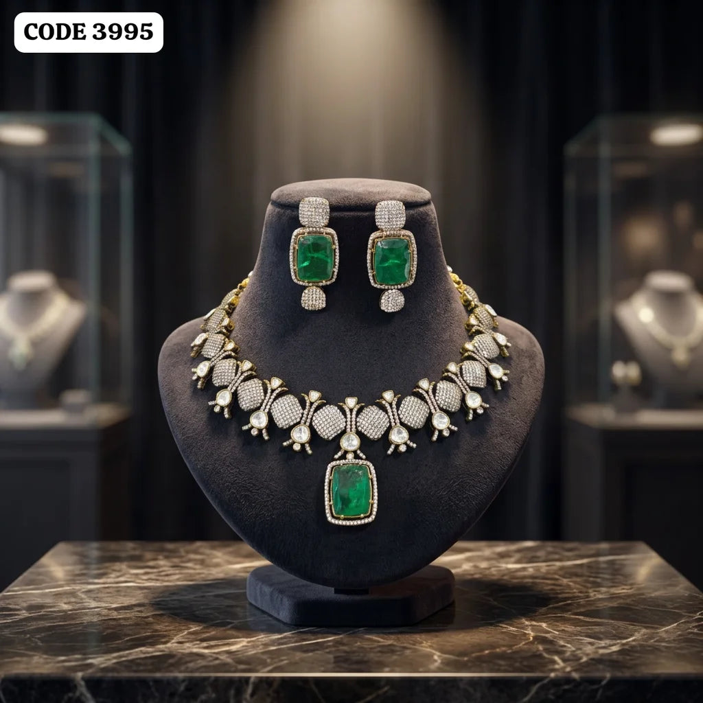 Antique Gold Plated Emerald Green Statement Necklace Set with Matching Earrings Wedding Bridal Party Jewelry Set