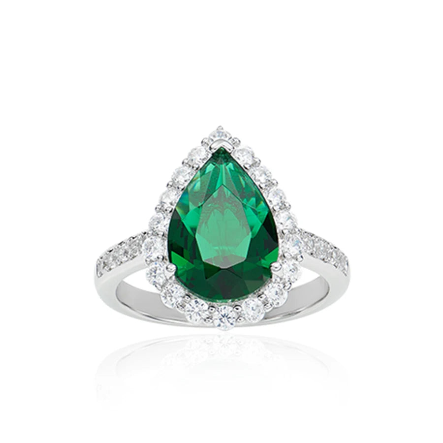 Luxury Women's Brass Necklace Earrings and Ring Three Piece Set  Water Droplet Green Zirconia Banquet and Wedding Accessories