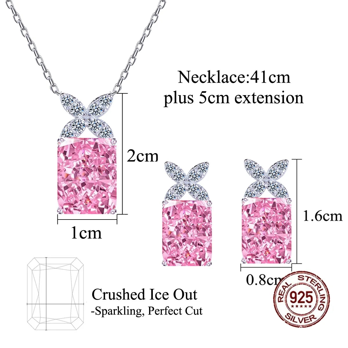 Genuine S925 Sterling Silver Crushed Ice Stone Cubic Zirconia Pink Pendant Set Necklace and Earring Set for Women Party Jewelry