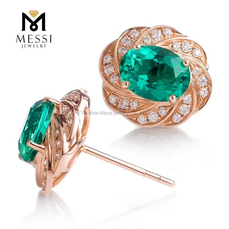 Gemfiori MS-199 Messi Jewelry Oval 14k 18k Gold 2 Carat Lab Created Emerald Earrings Jewellery for Women