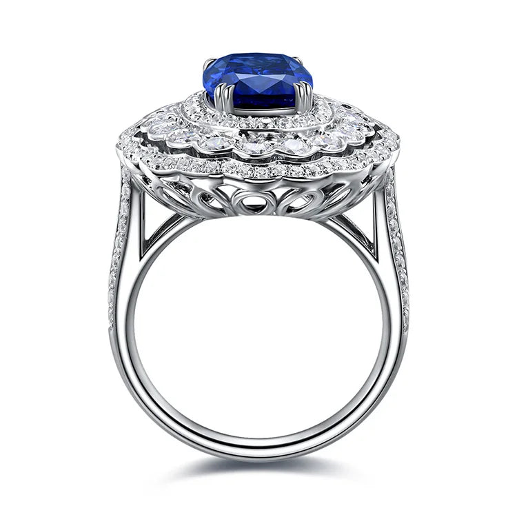 Gemfiori Silver S925 Cushion Blue Baguette Lab Sapphire Flower Halo Ring for Women 3.79ct Sapphire Stone