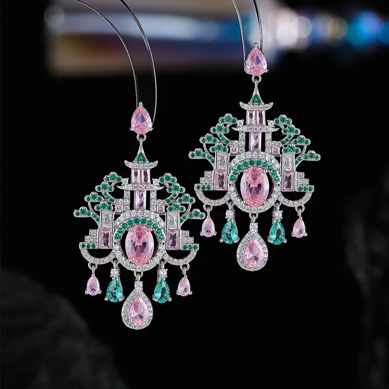 Elegant Retro Palace Tassel Earrings New Chinese Pavilion Tower Design Full Inlay Color Zircon Luxury Earrings