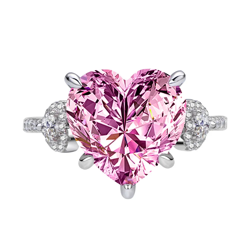 MuShan Jewelry Factory Precision Inlaid Heart Shaped 12 * 12mm pink Diamond 925 Silver High Carbon Diamond Ring for Women