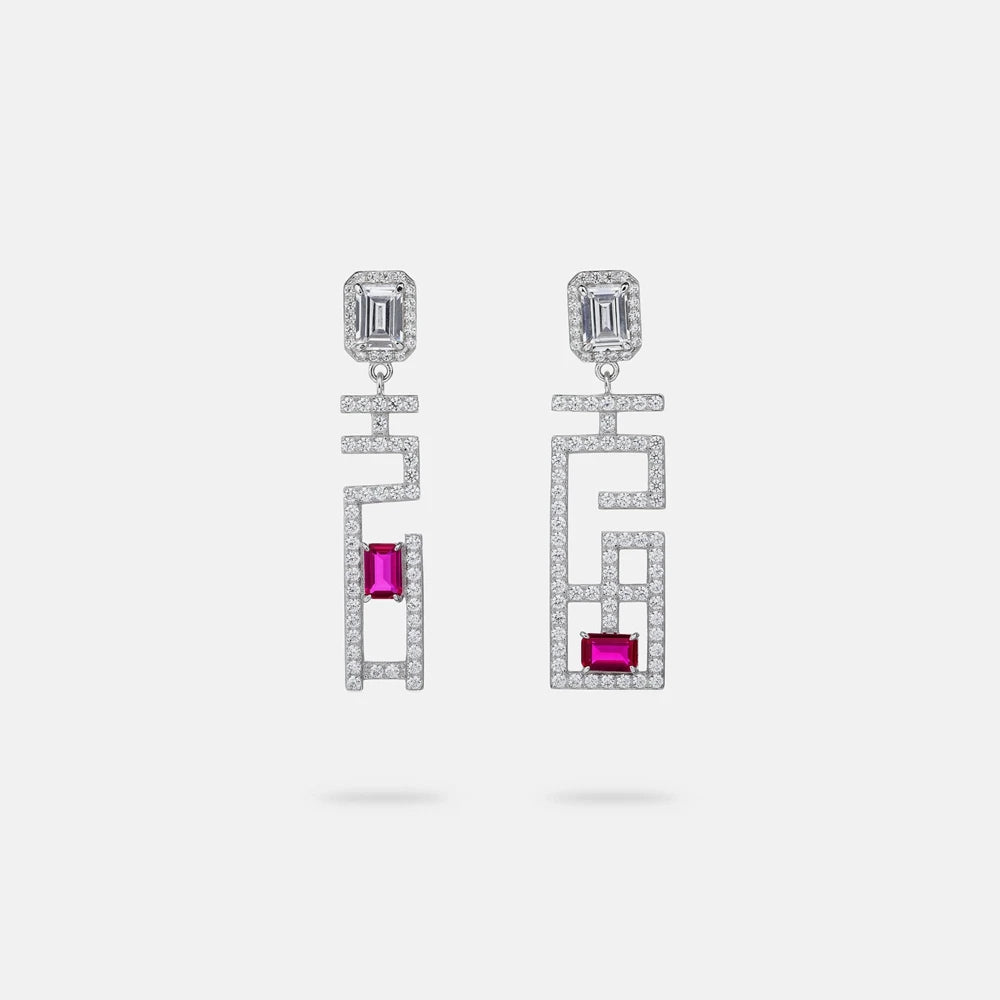 SILVERELLI Red Sapphire & Diamond Asymmetrical Stud Earrings | S925 Sterling Silver | Light Luxury