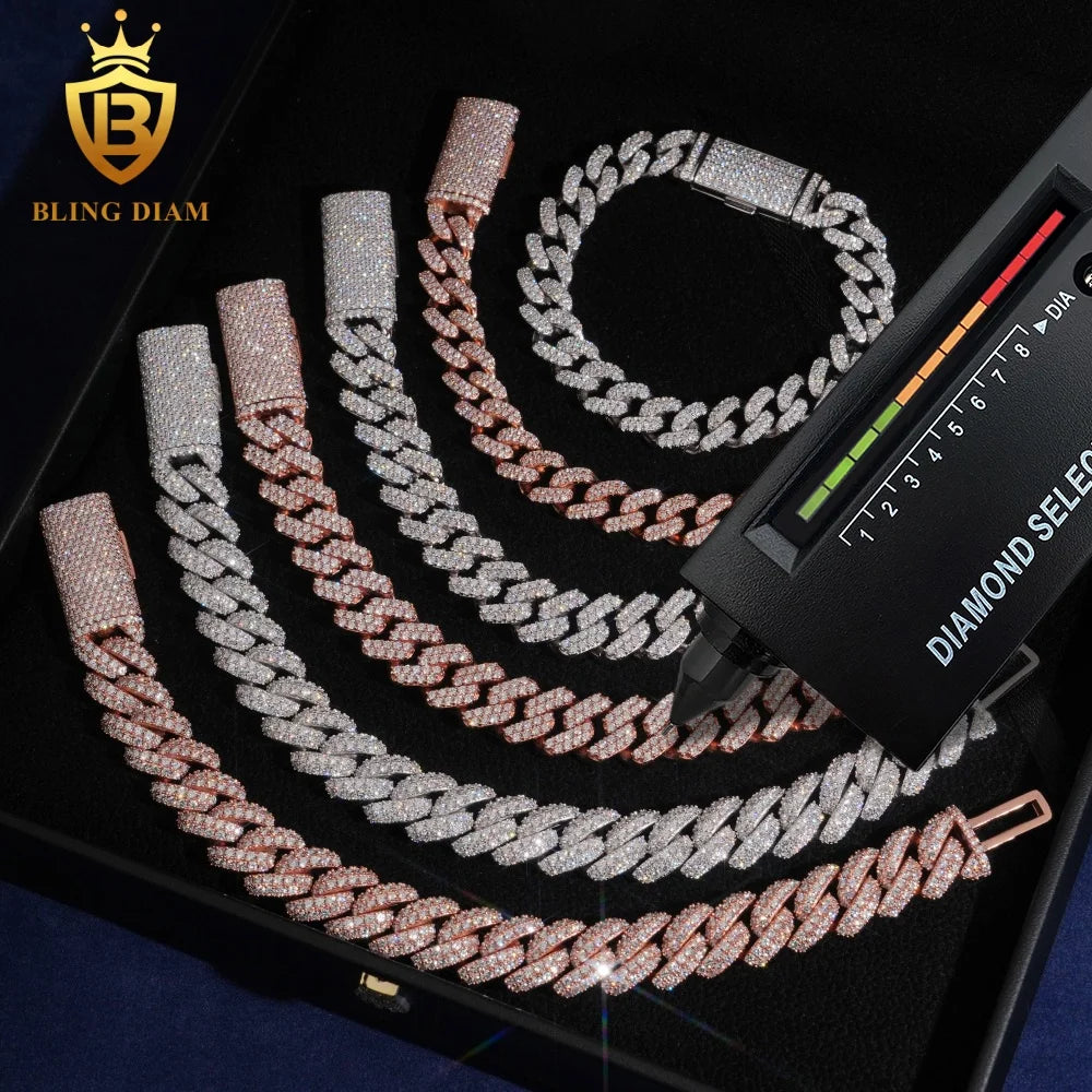 Rapper Hip Hop Mossanite Jewelry 3 Styles 10mm 13mm 925 Sterling Silver  VVS Moissanite Iced Out Cuban Link Bracelet for Mens