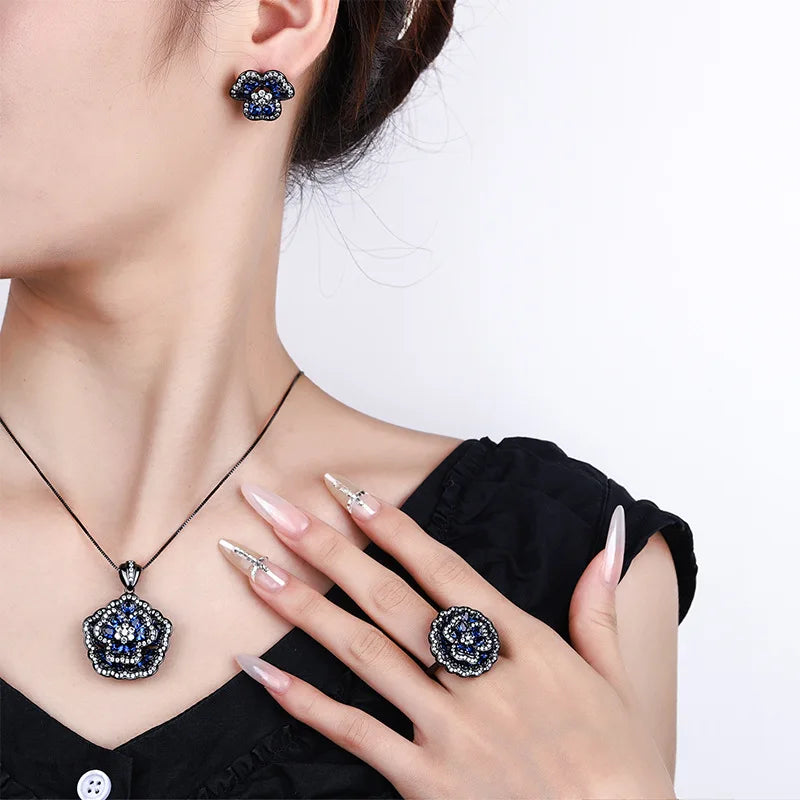Gemfiori French Elegant Blue Flower Pendant Ring Earring Set Retro Niche Design Camellia Jewelry