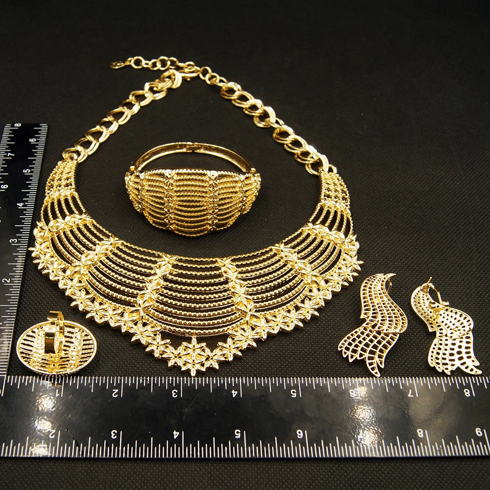 Zhuerrui 18k Pleated Personalized Necklace Bracelet Earrings Ring Jewelry Sets Italian Gold Plated Women's Jewelry Set H00533