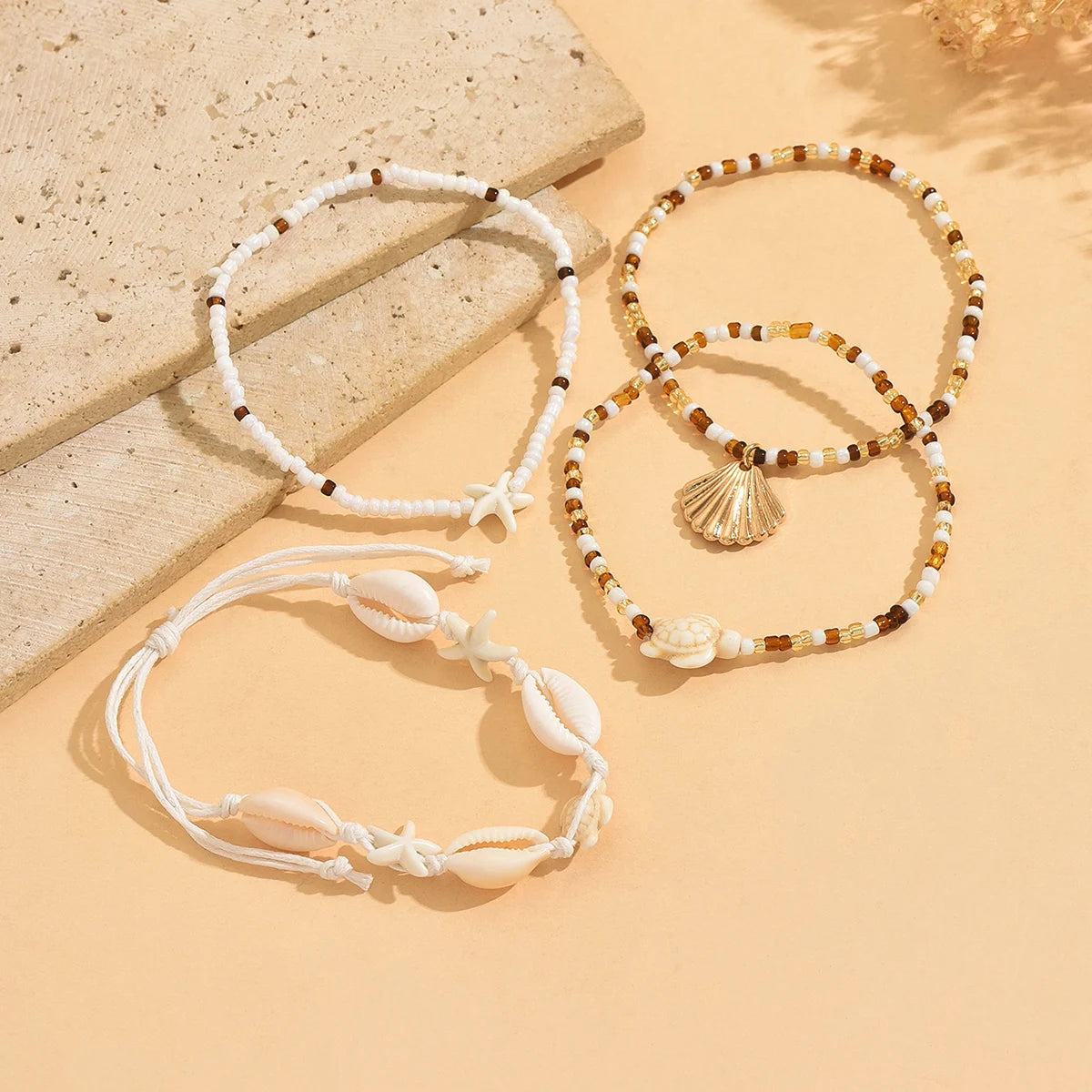 New Bohemian 4pcs/set Adjustable Foot Chain Anklet Resin Starfish Sea Turtle Shell Strands Alloy Jewelry for Beach Vacation Gift