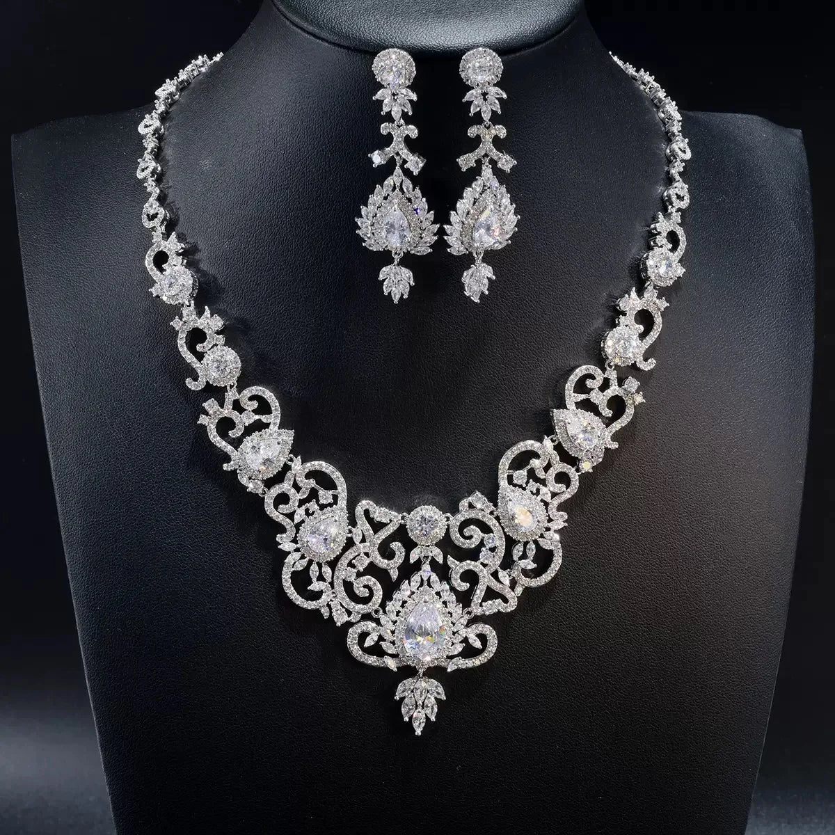 Bella Viva Luxury Elegant Cubic Zirconia Necklace & Earring Set, Platinum Plated Brass for Wedding, Gala & Red Carpet Events