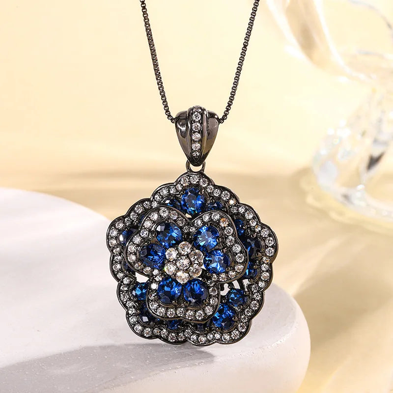 Gemfiori French Elegant Blue Flower Pendant Ring Earring Set Retro Niche Design Camellia Jewelry