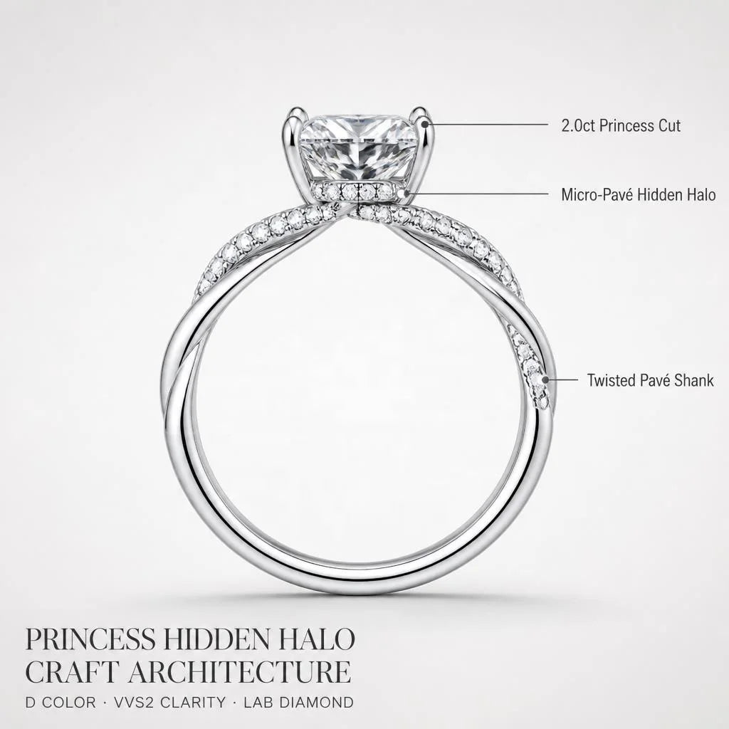 Gioiellieri 2CT D Color VVS2 Majestic Princess Cut Lab Grown Diamond Ring 9K 10K 14K 18K Real Gold PT950 Twisted Paved Women Statement Ring