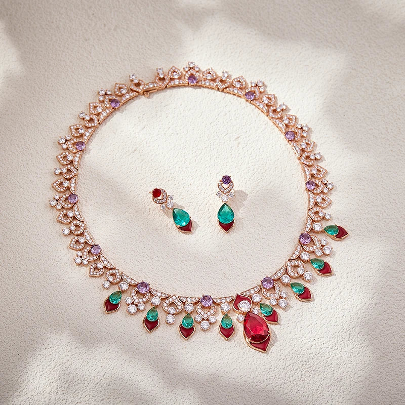 2025 New Women's High End Jewelry Brass Necklace Earrings Red Agate High Quality Zircon Luxury Wedding Gift