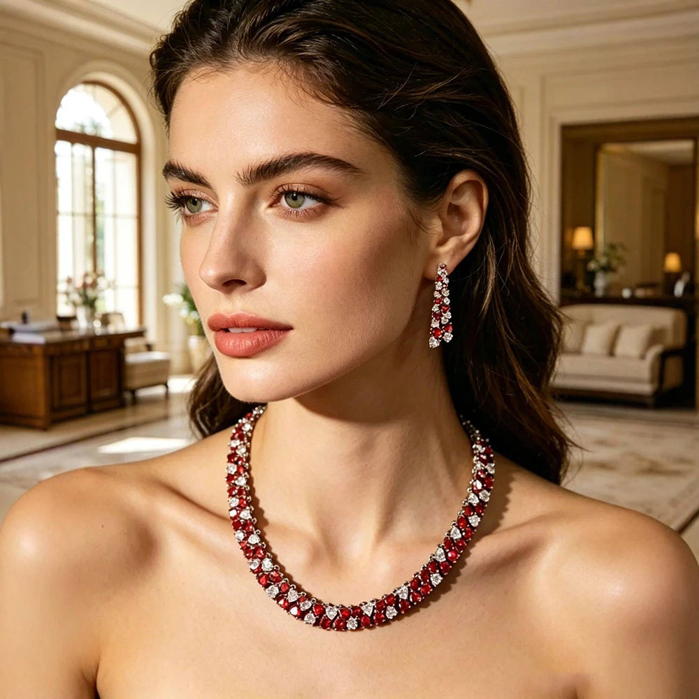 Luxury All-Around Cushion-Cut Zirconia Flower Statement Necklace & Drop Earrings Set — Silver Plated