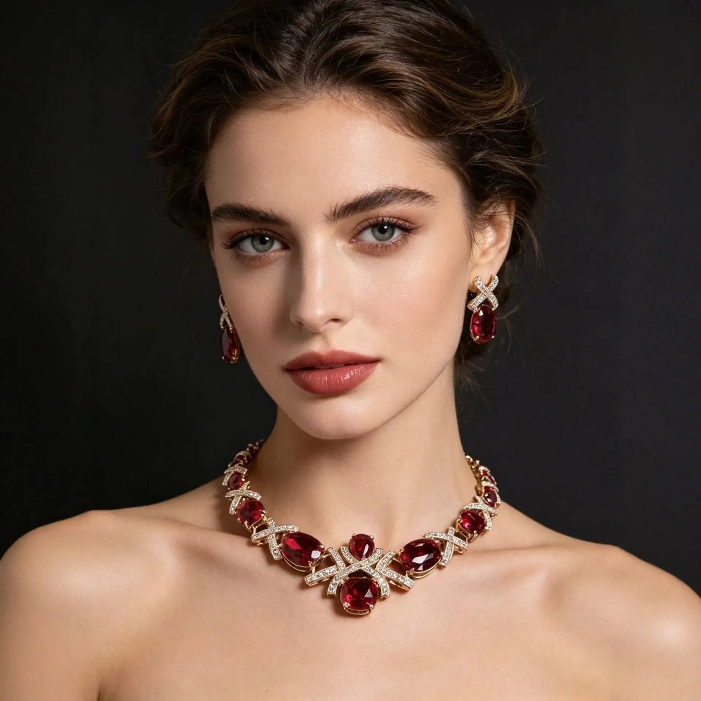 XM S299 Gold Plated Oval Cut Zircon Floral Statement Necklace & Earrings Bridal Set