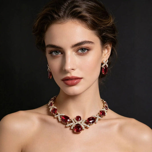 XM S299 Gold Plated Oval Cut Zircon Floral Statement Necklace & Earrings Bridal Set